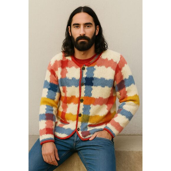 AMANO Multicolor Cotton Knit Pattern Cardigan Sweater Top  Mens Size Large - Picture 1 of 12